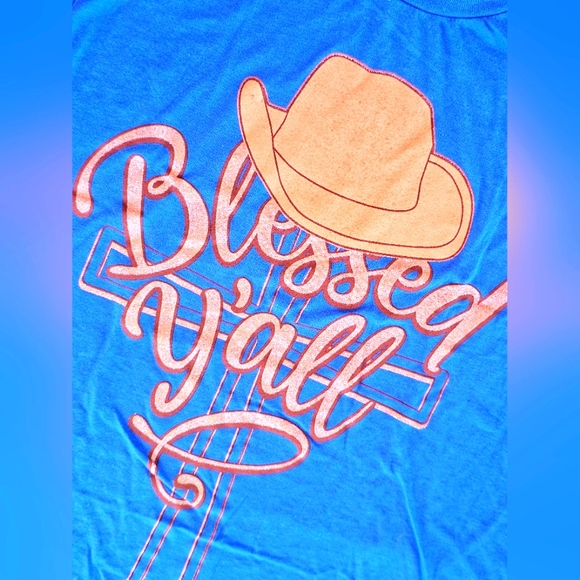 NEW #TAKETHAT Western Blue & Tan Glitter Cowgirl Hat Blessed Cross Tee Shirt - Picture 5 of 7